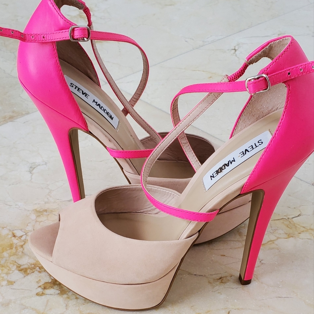Steve Madden Hot Pink and Nude Strappy Platform Heels - Picture 10 of 11
